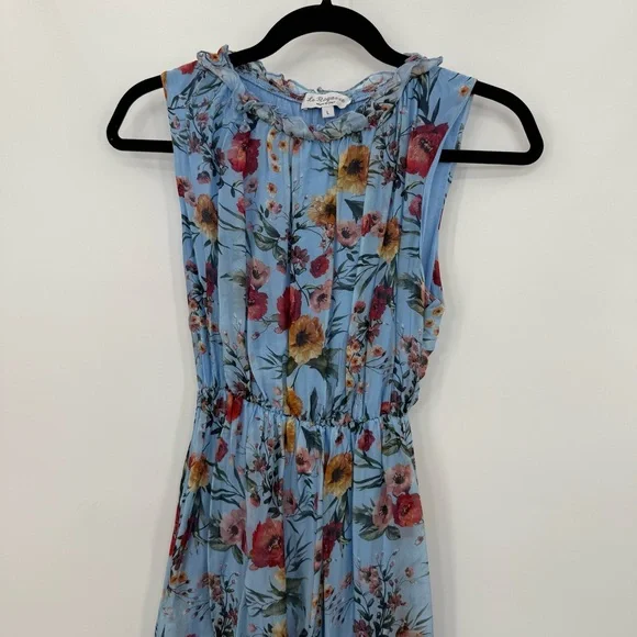 Le Ragazze Tiered Floral Airy Silk Sleeveless Midi Maxi Dress Floral Blue L - Picture 5 of 10